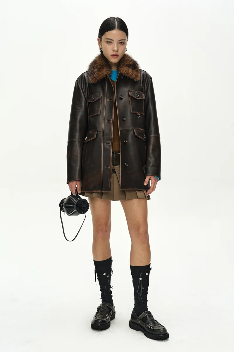 FUR COLLAR FIELD LEATHER JACKET 2