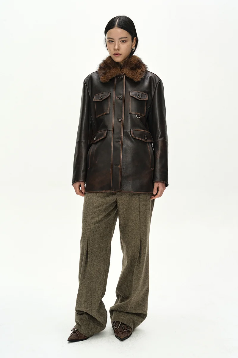 FUR COLLAR FIELD LEATHER JACKET 3