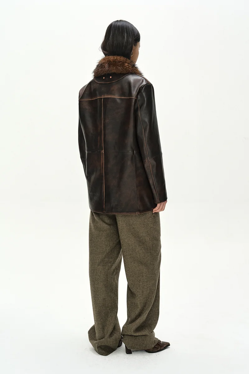 FUR COLLAR FIELD LEATHER JACKET 4