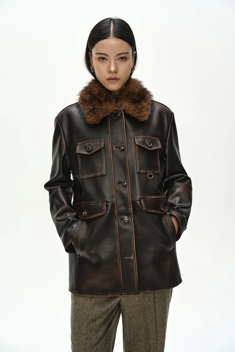 FUR COLLAR FIELD LEATHER JACKET 6