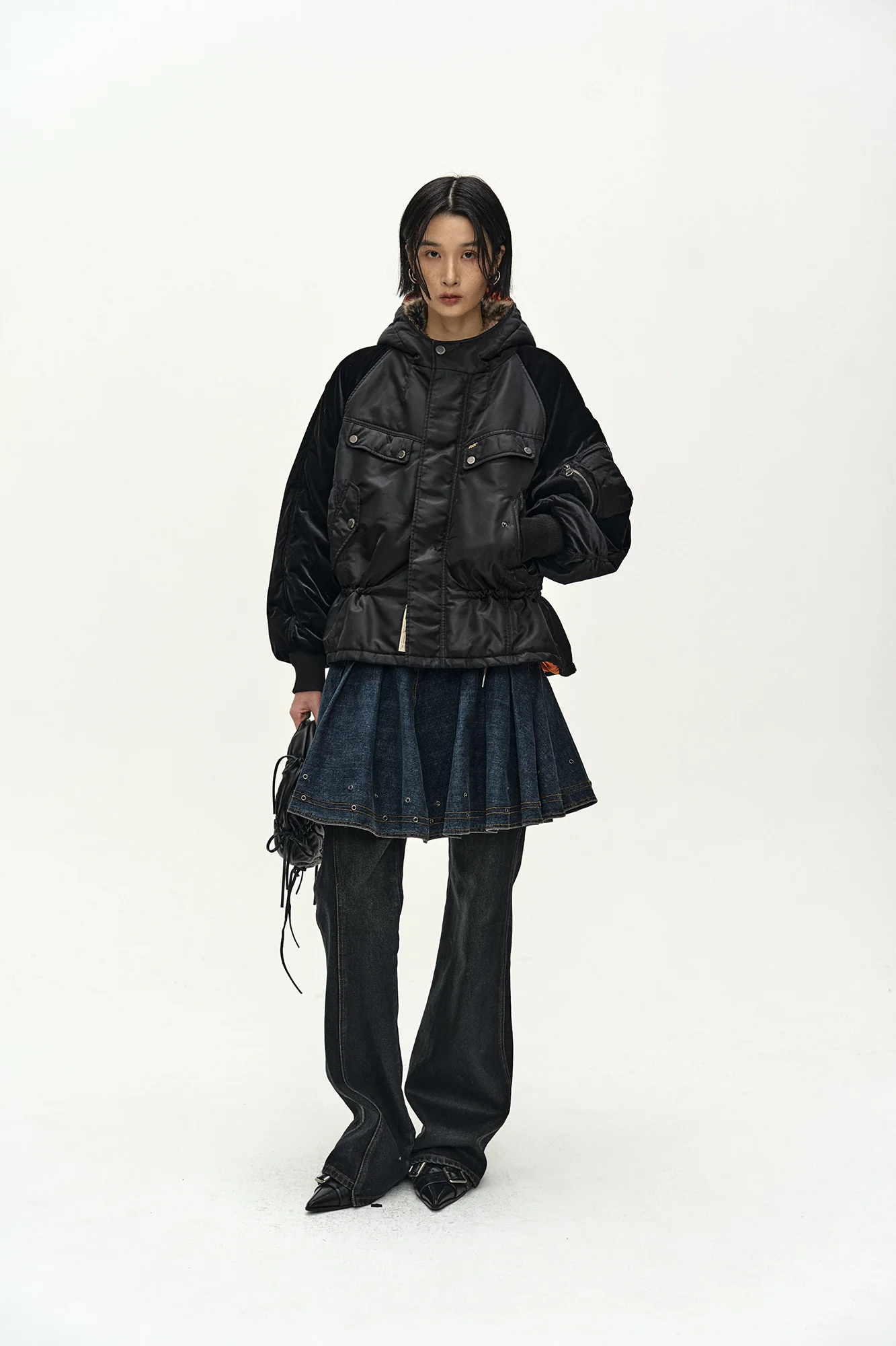 ANDERSSON BELL UTILITY HOODED PUFFER PEPLUM JACKET BLACK