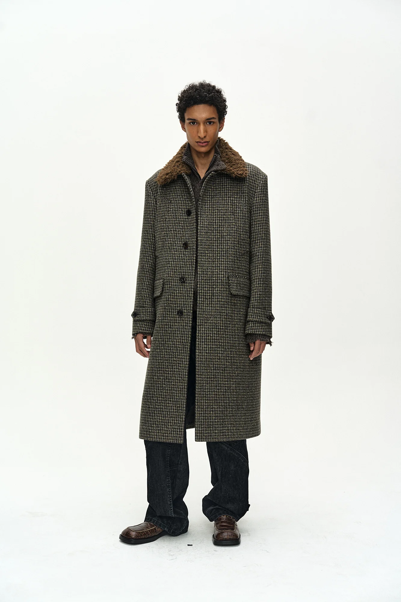 ANDERSSON BELL DETACHABLE FUR COLLAR CHESTERFIELD TWEED COAT DARK GREEN