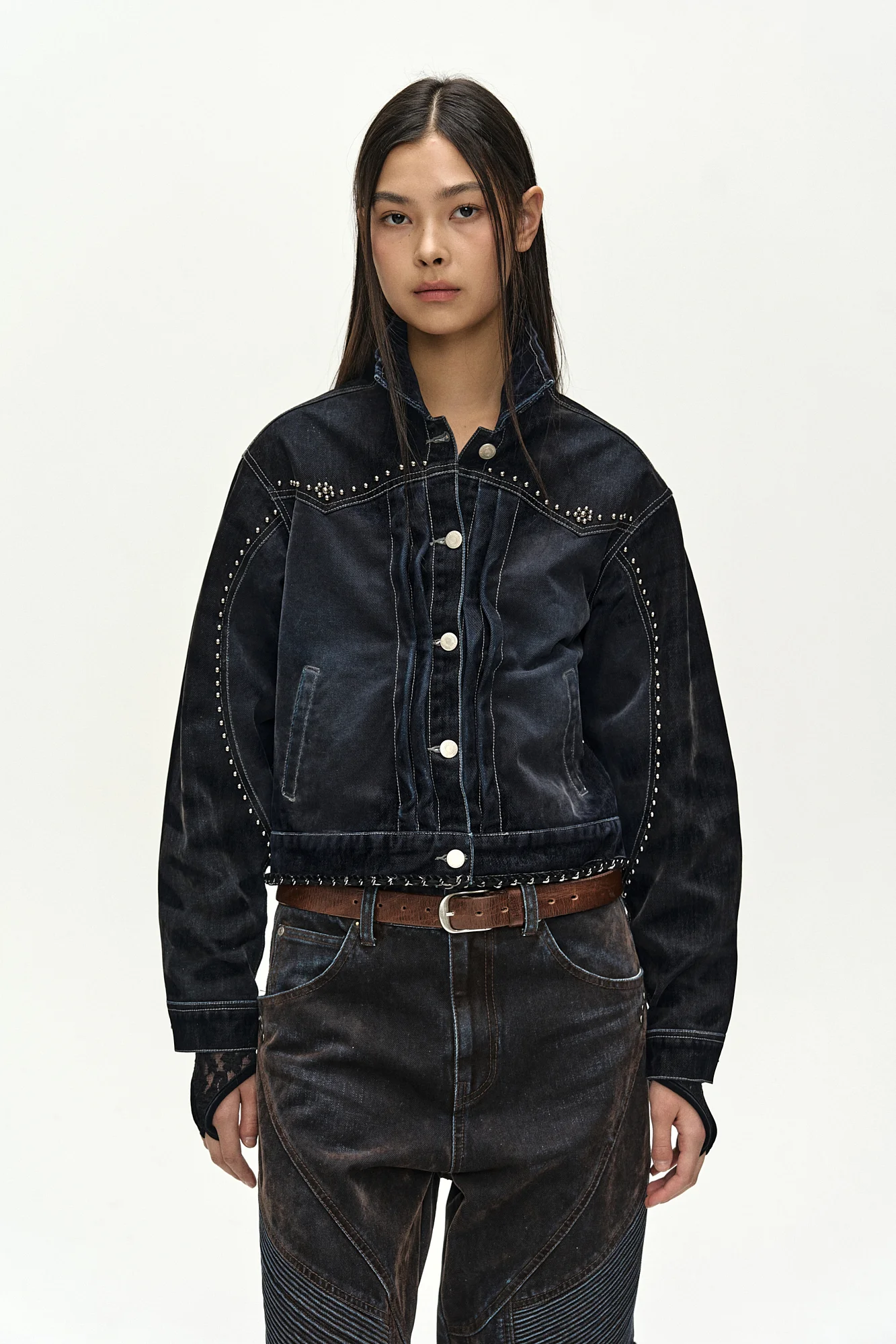 ANDERSSON BELL STUDDED VELVET DENIM JACKET BLACK/NAVY
