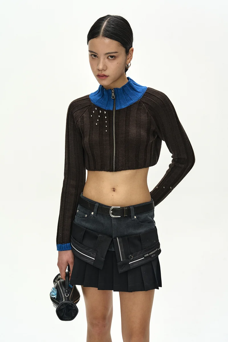 STUDDED WIDE RIB CROP ZIP-UP 4