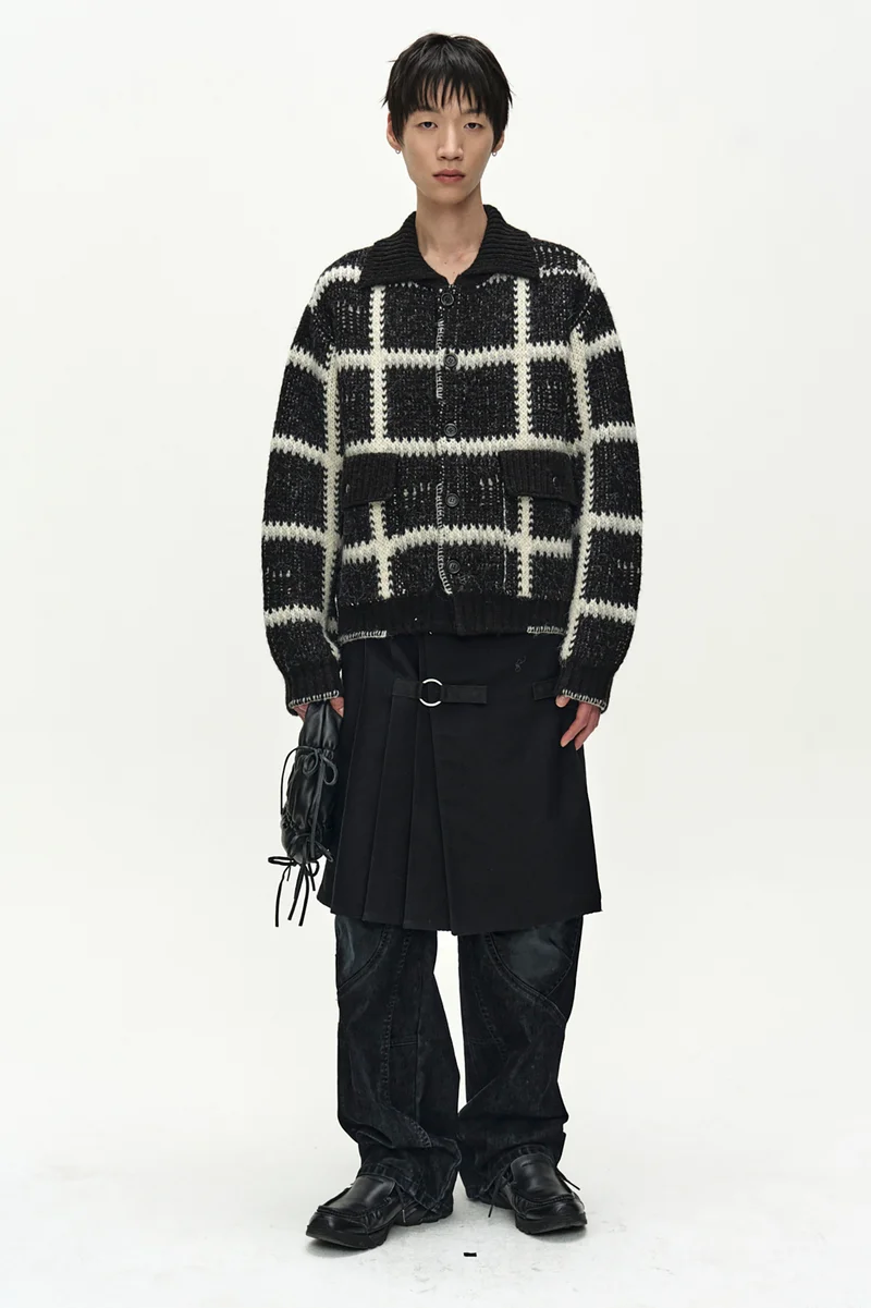 SHAGGY CHECK BUTTON CARDIGAN 3
