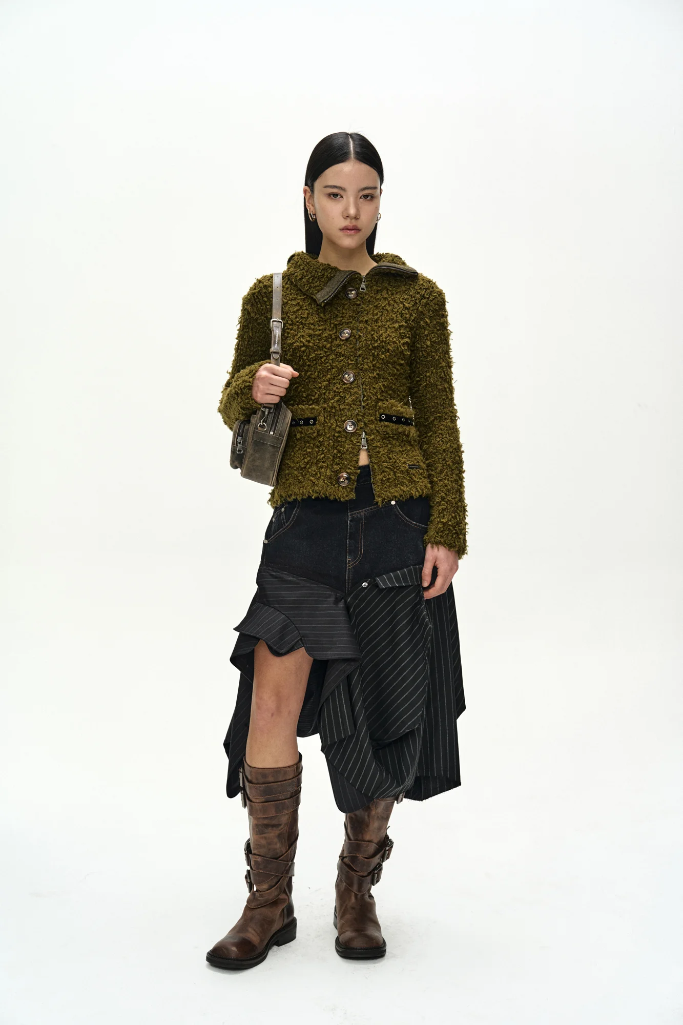 ANDERSSON BELL BUTTON & TRIM HAIRY ZIP-UP CARDIGAN KHAKI