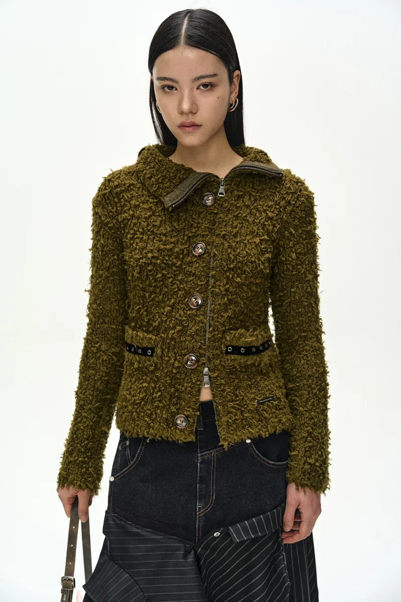 BUTTON & TRIM HAIRY ZIP-UP CARDIGAN 4