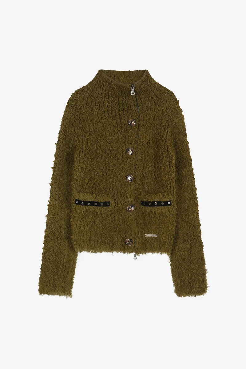 BUTTON & TRIM HAIRY ZIP-UP CARDIGAN 7