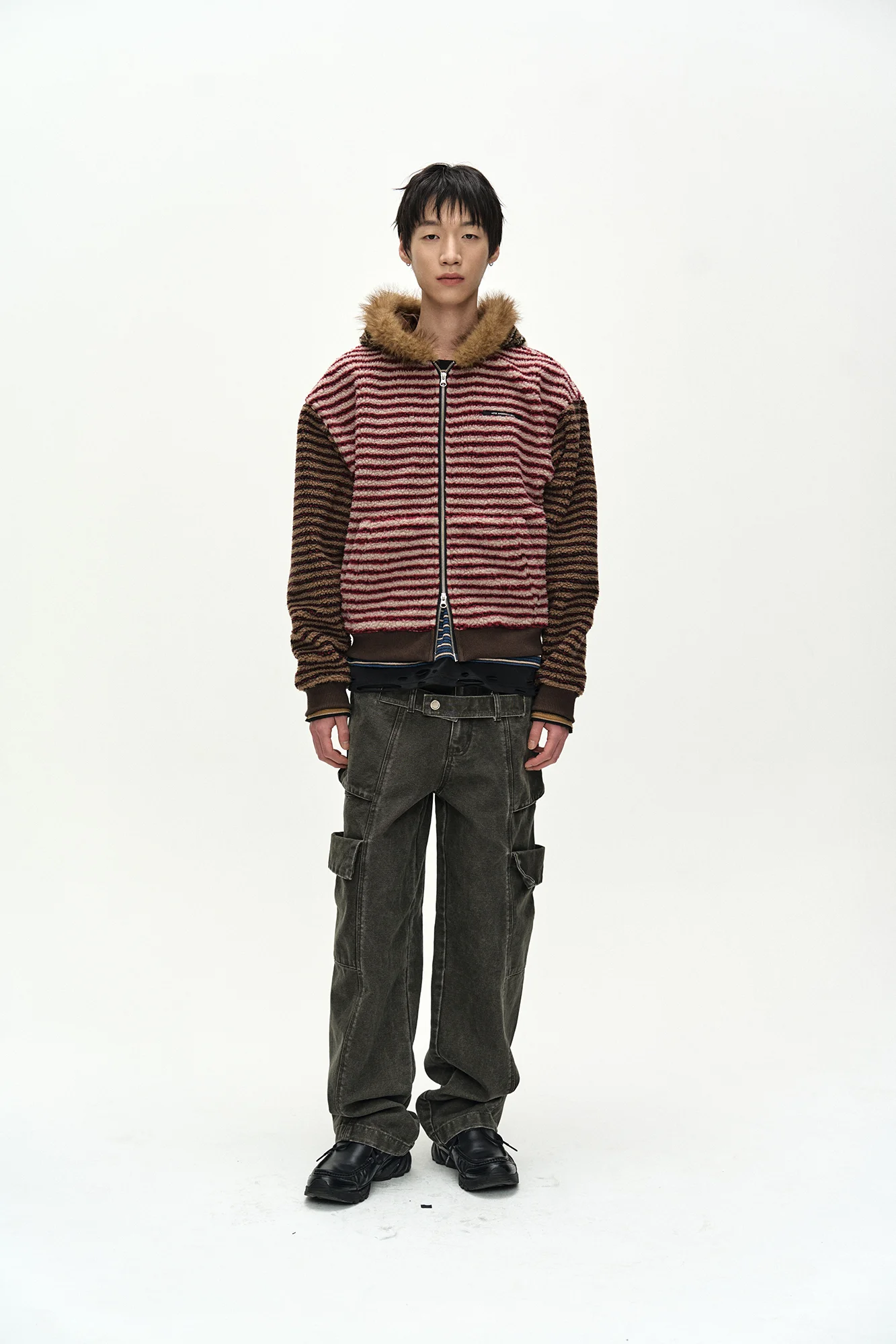 ANDERSSON BELL UNISEX STRIPE PATCHWORK FLEECE HOODIE ZIP-UP MULTI