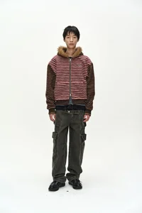 UNISEX STRIPE PATCHWORK FLEECE HOODIE ZIP-UP thumb 1