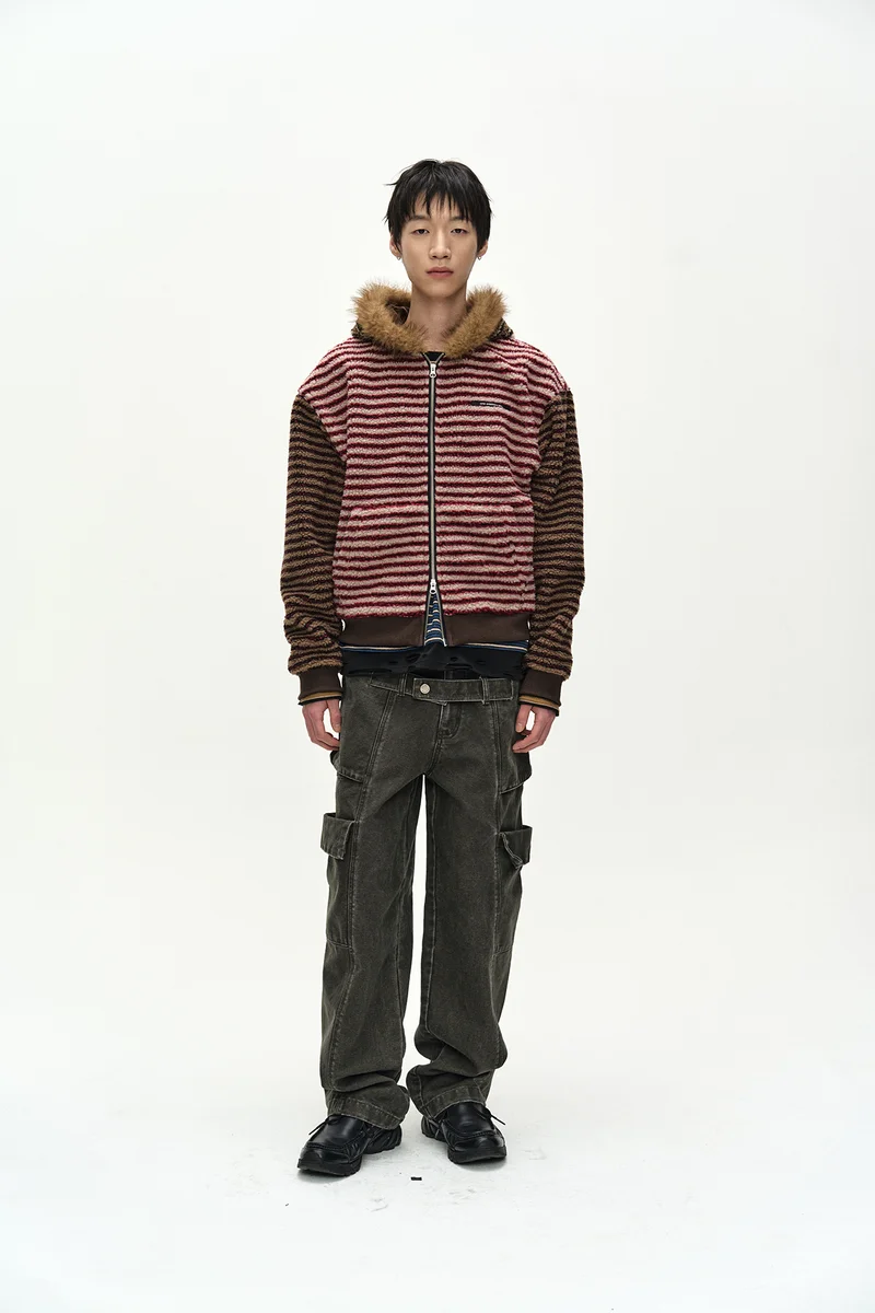 UNISEX STRIPE PATCHWORK FLEECE HOODIE ZIP-UP 1