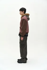 UNISEX STRIPE PATCHWORK FLEECE HOODIE ZIP-UP thumb 2