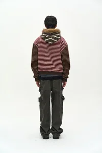 UNISEX STRIPE PATCHWORK FLEECE HOODIE ZIP-UP thumb 3