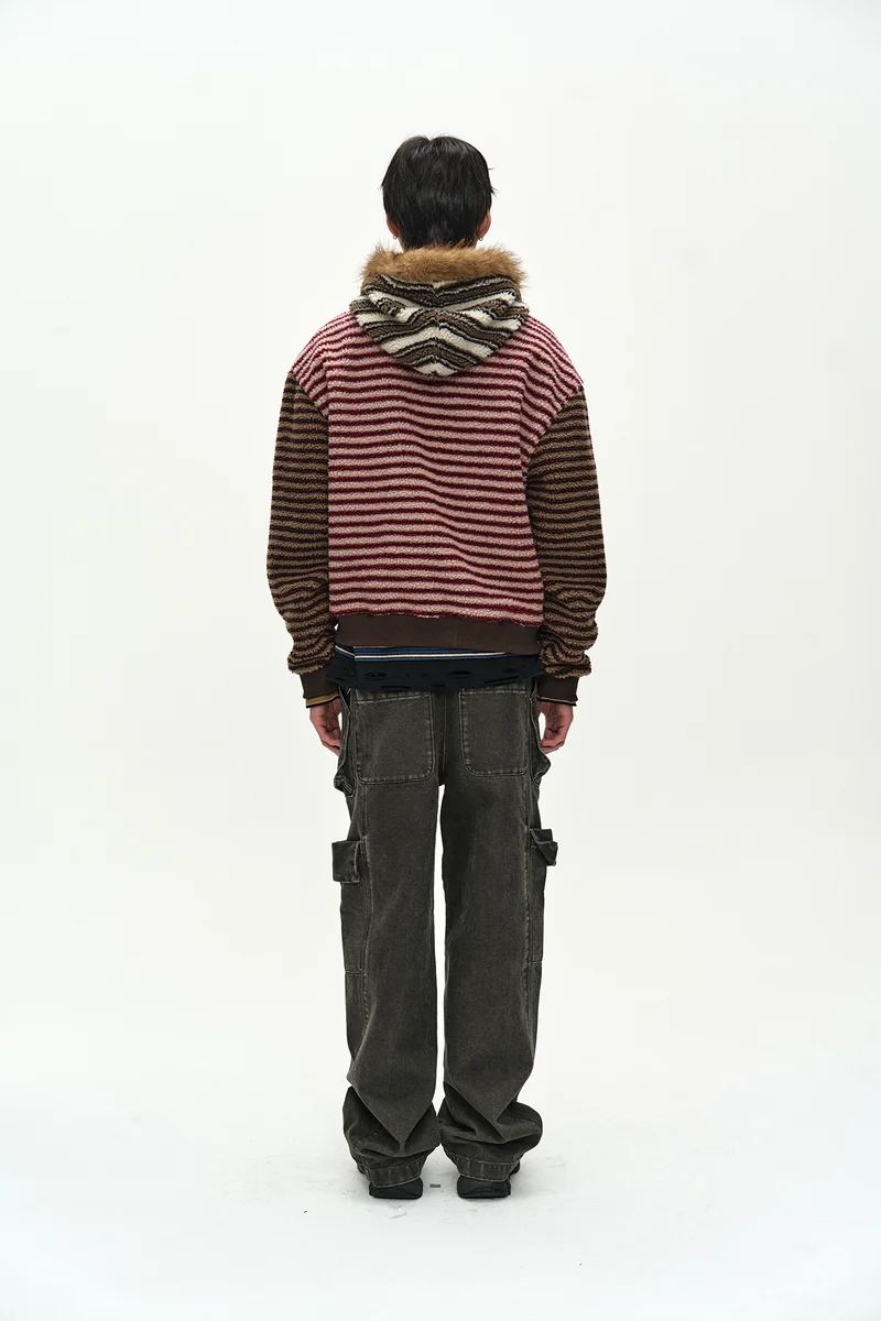 UNISEX STRIPE PATCHWORK FLEECE HOODIE ZIP-UP 3