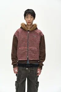 UNISEX STRIPE PATCHWORK FLEECE HOODIE ZIP-UP thumb 4