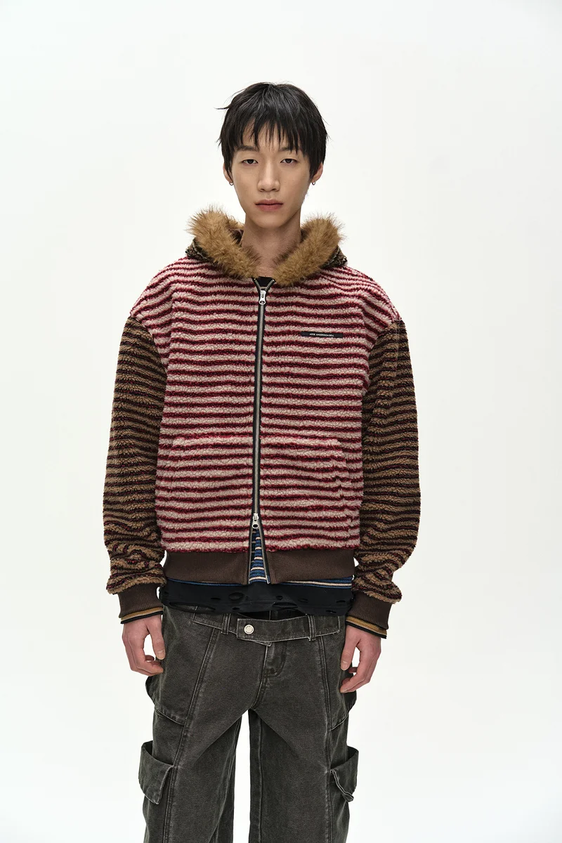 UNISEX STRIPE PATCHWORK FLEECE HOODIE ZIP-UP 4