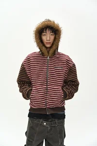 UNISEX STRIPE PATCHWORK FLEECE HOODIE ZIP-UP thumb 5