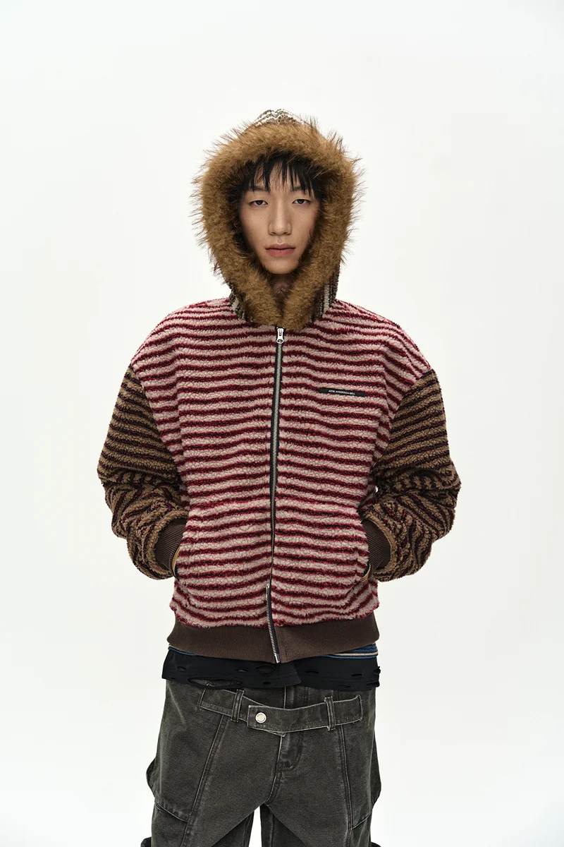 UNISEX STRIPE PATCHWORK FLEECE HOODIE ZIP-UP 5