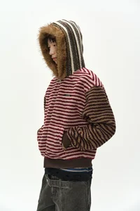 UNISEX STRIPE PATCHWORK FLEECE HOODIE ZIP-UP thumb 6