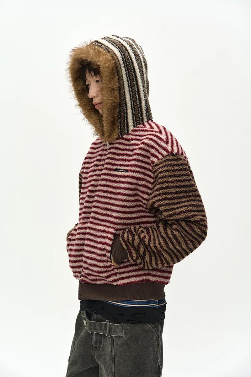 UNISEX STRIPE PATCHWORK FLEECE HOODIE ZIP-UP 6