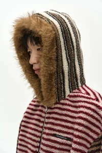 UNISEX STRIPE PATCHWORK FLEECE HOODIE ZIP-UP thumb 8