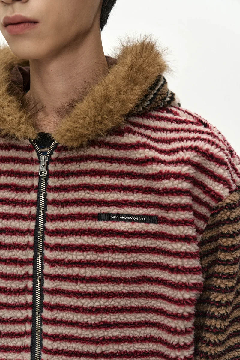 UNISEX STRIPE PATCHWORK FLEECE HOODIE ZIP-UP 9
