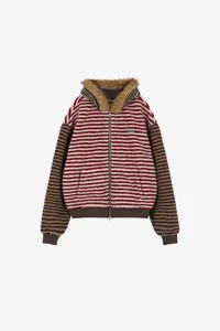 UNISEX STRIPE PATCHWORK FLEECE HOODIE ZIP-UP thumb 10