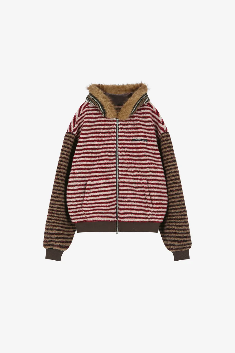 UNISEX STRIPE PATCHWORK FLEECE HOODIE ZIP-UP 10