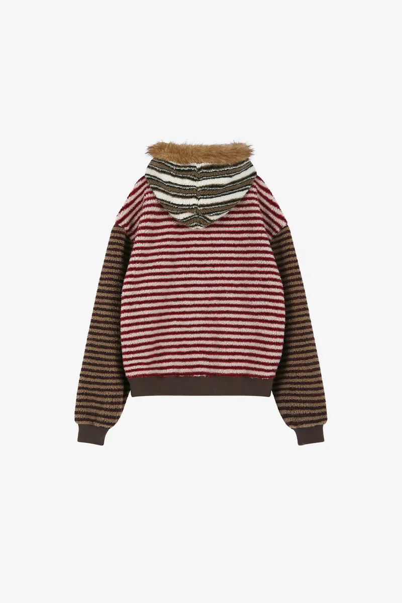 UNISEX STRIPE PATCHWORK FLEECE HOODIE ZIP-UP 11
