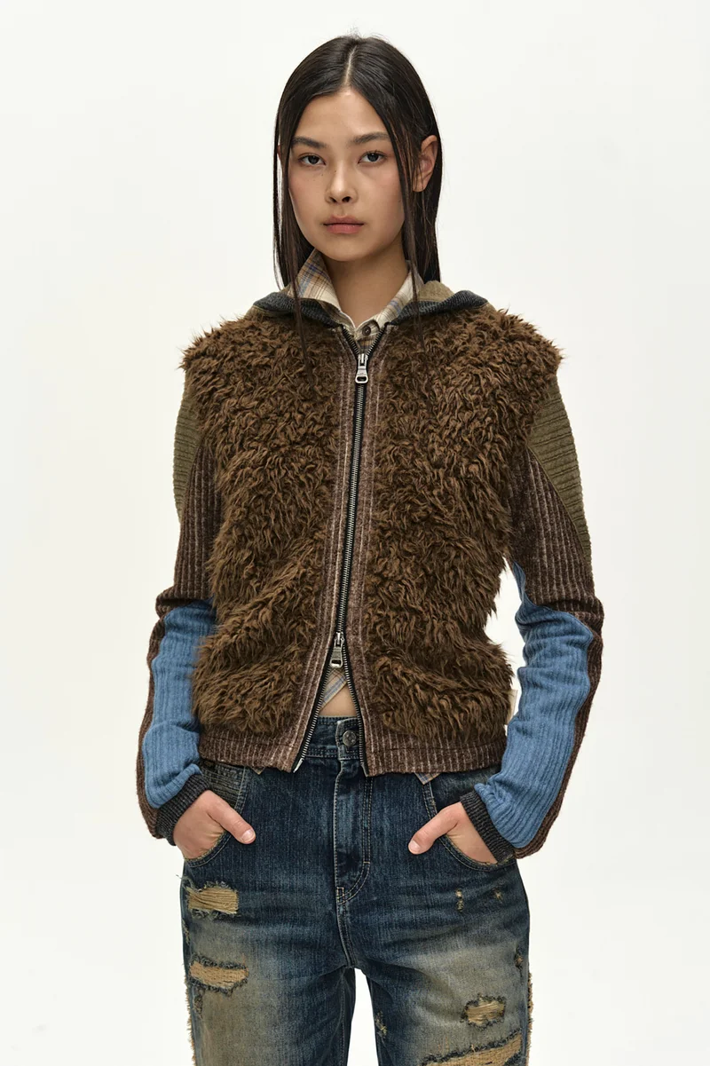 FUR COLOR-BLOCKED HOODED ZIP-UP 6