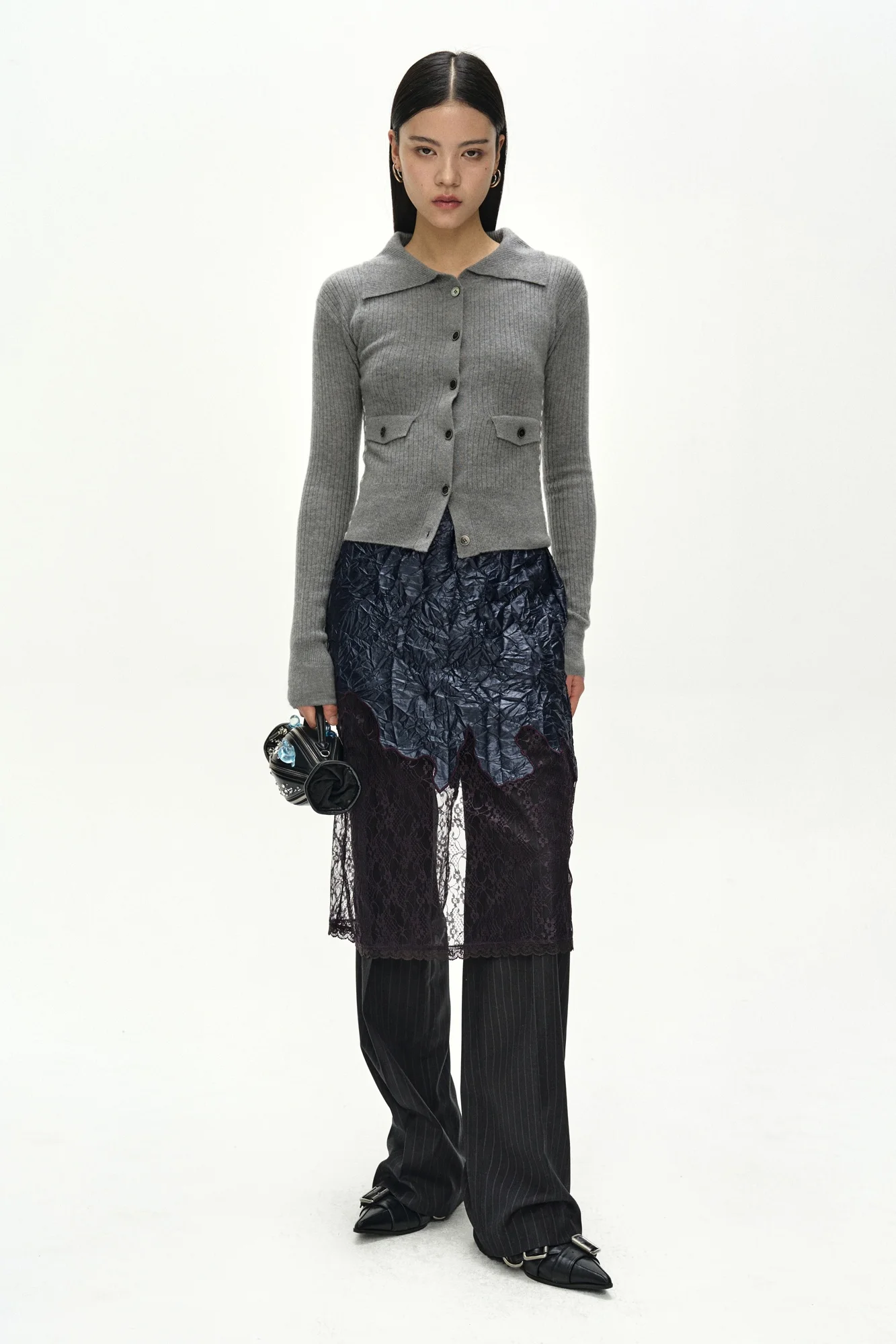 ANDERSSON BELL CASHMERE HAND STITCHED RIB CARDIGAN MELANGE GREY