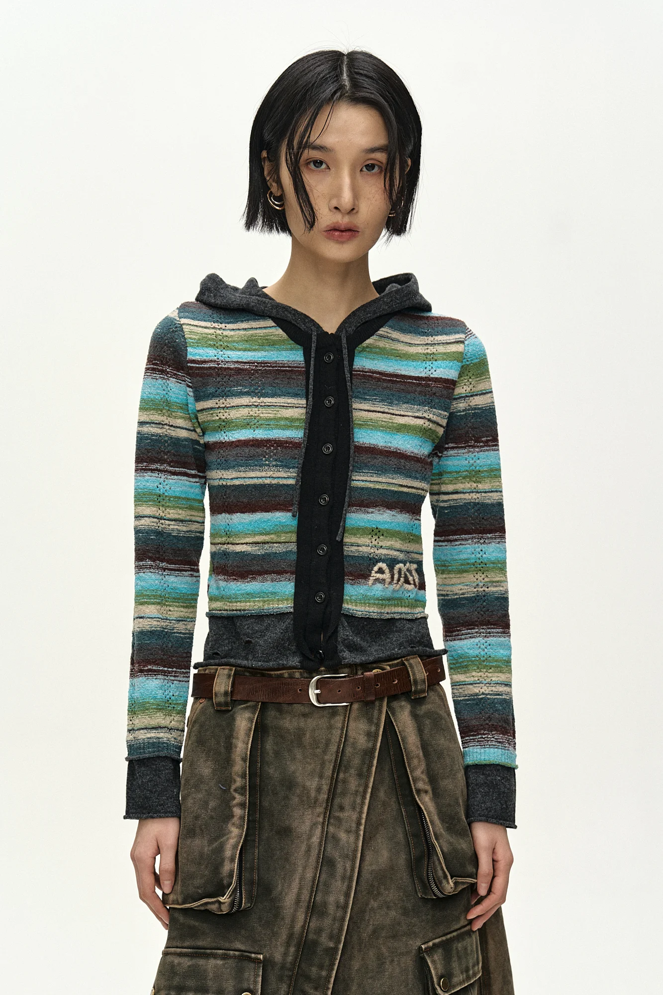 ANDERSSON BELL LAYERED MULTI-STRIPE HOODED CARDIGAN GREEN/BLUE