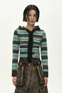 LAYERED MULTI-STRIPE HOODED CARDIGAN thumb 1