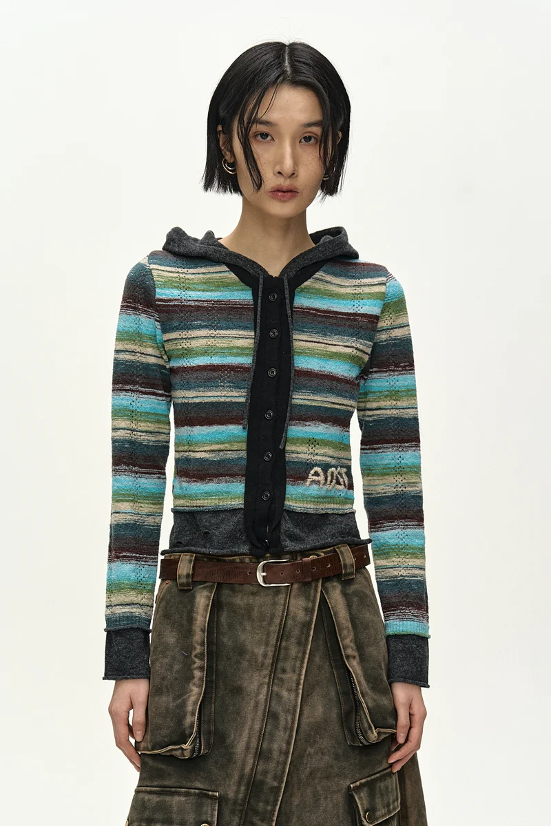 LAYERED MULTI-STRIPE HOODED CARDIGAN 1