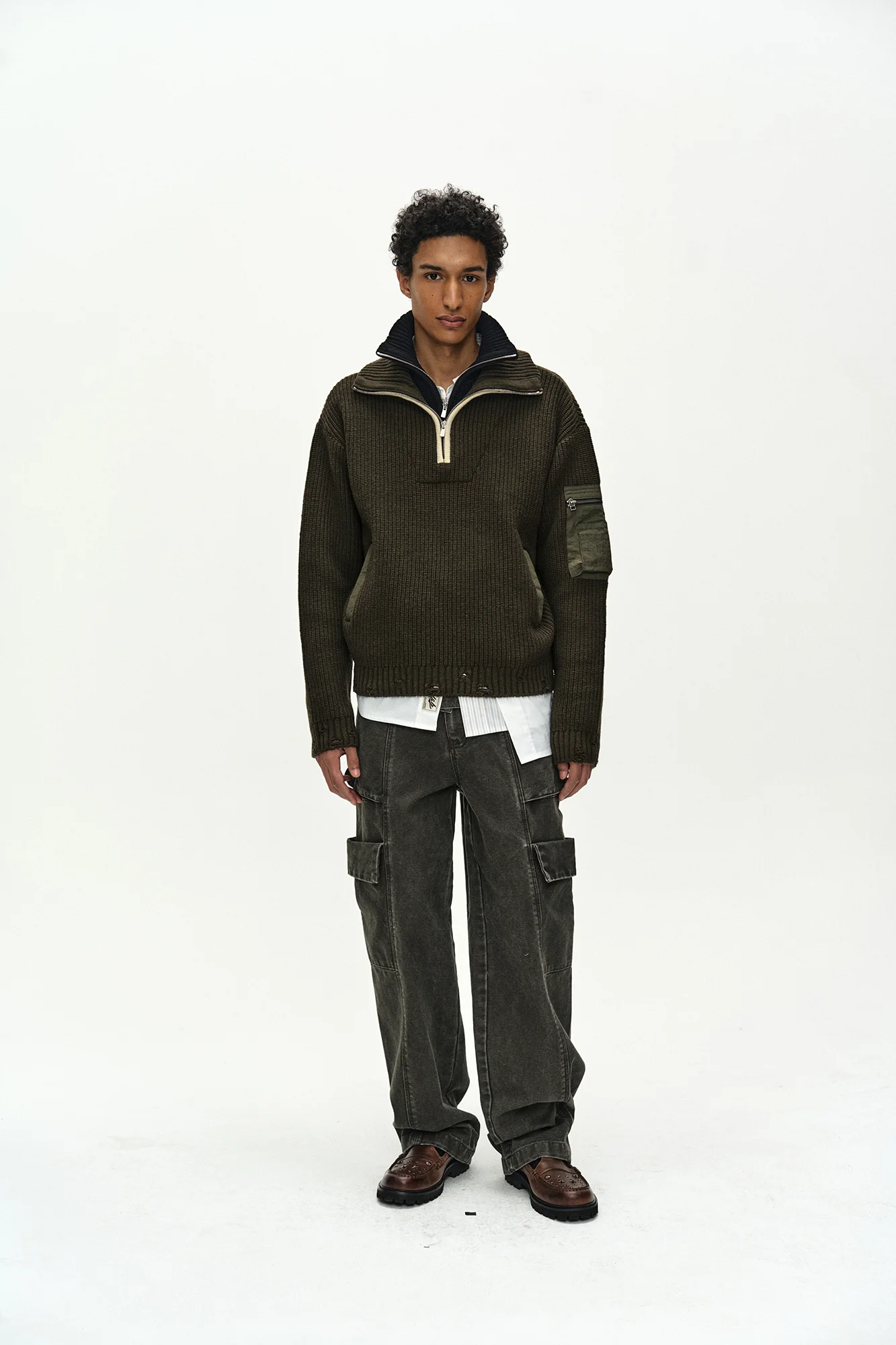 ANDERSSON BELL DOUBLE LAYERED QUARTER ZIP-UP SWEATER KHAKI/BROWN