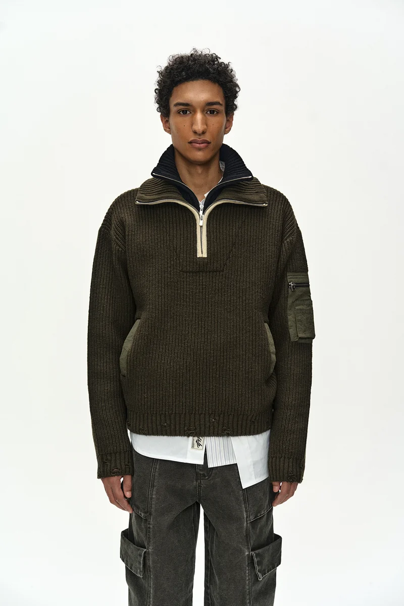 DOUBLE LAYERED QUARTER ZIP-UP SWEATER 4