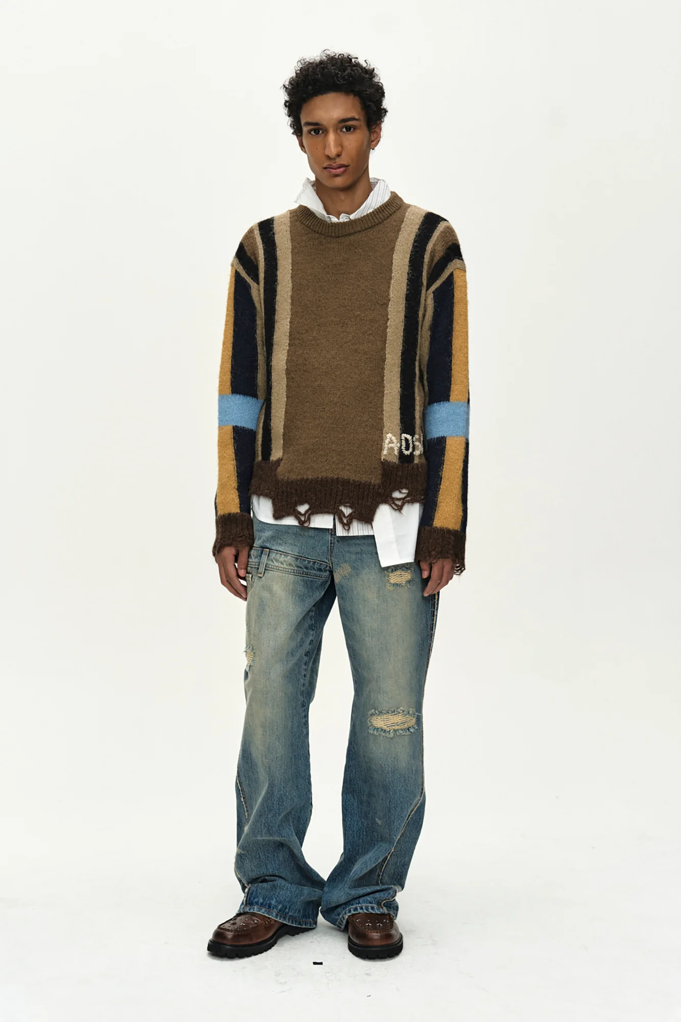 ANDERSSON BELL LAYERED STRIPE INTARISA CREW NECK SWEATER CAMEL