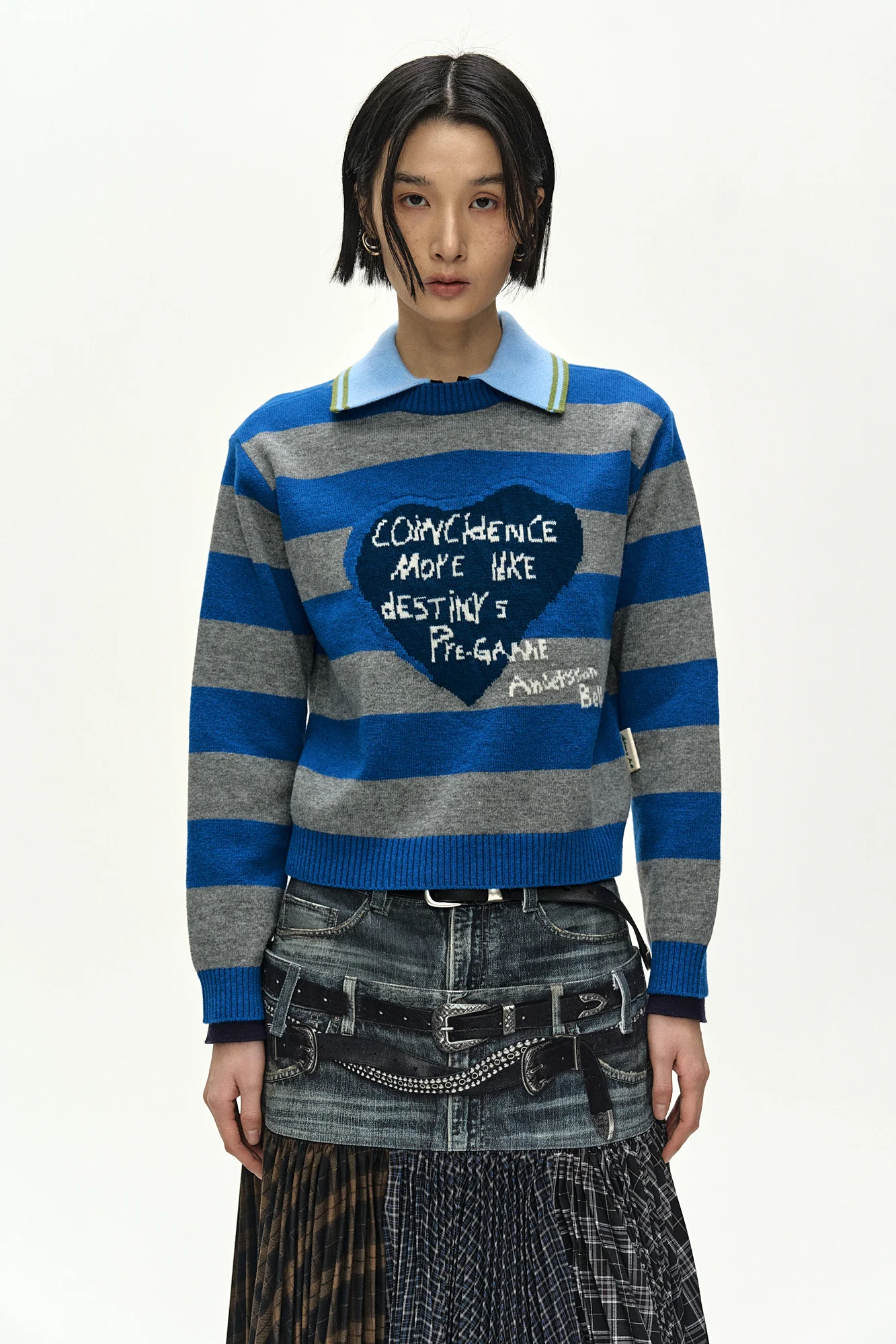 ANDERSSON BELL 26 GIRL'S HEART MESSAGE CREW-NECK SWEATER BLUE/GREY