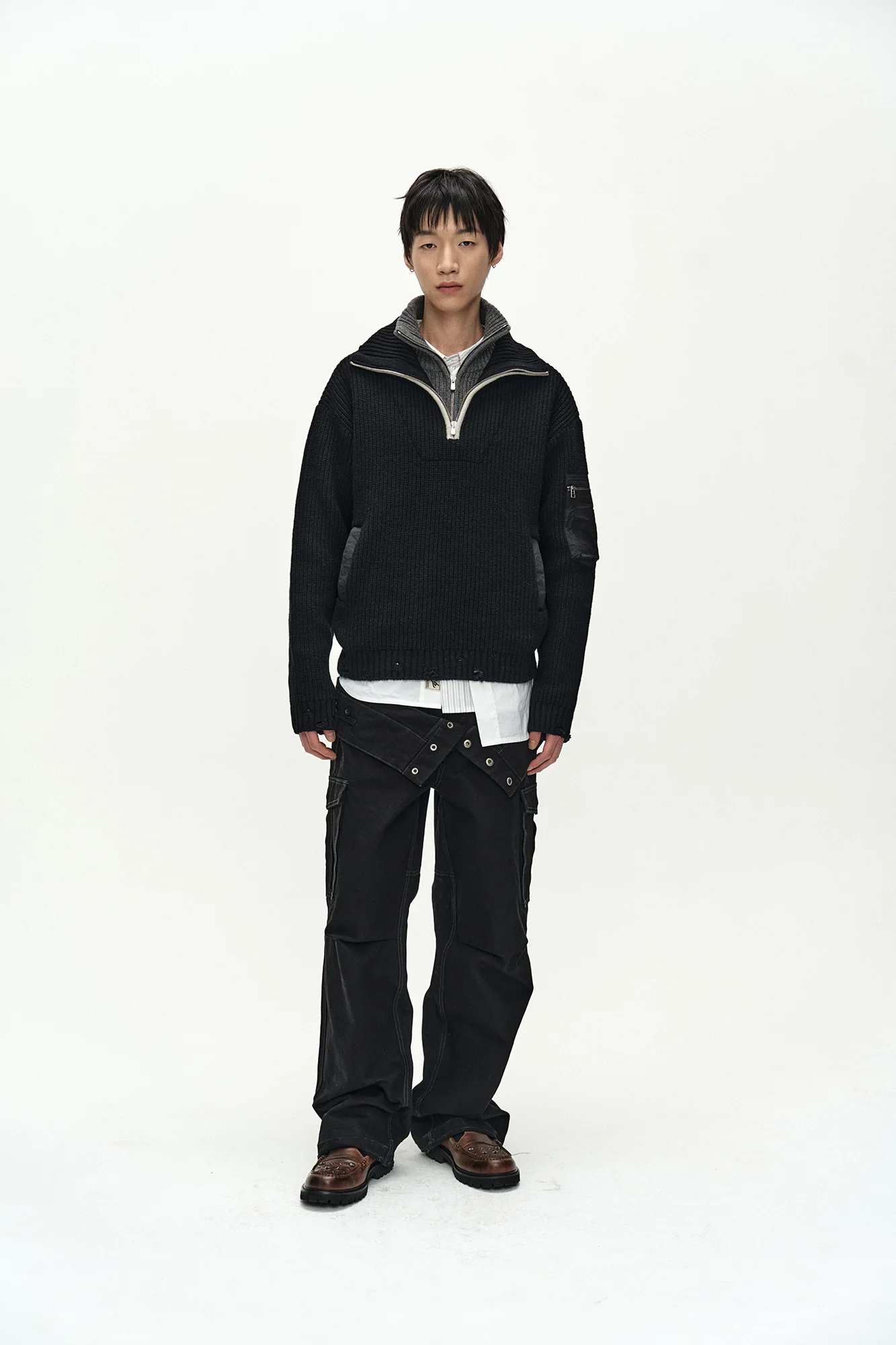 ANDERSSON BELL DOUBLE LAYERED QUARTER ZIP-UP SWEATER BLACK/GREY