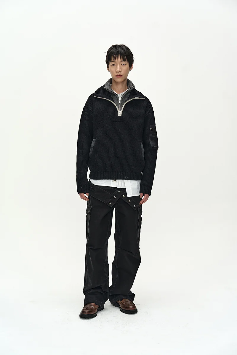 DOUBLE LAYERED QUARTER ZIP-UP SWEATER 1