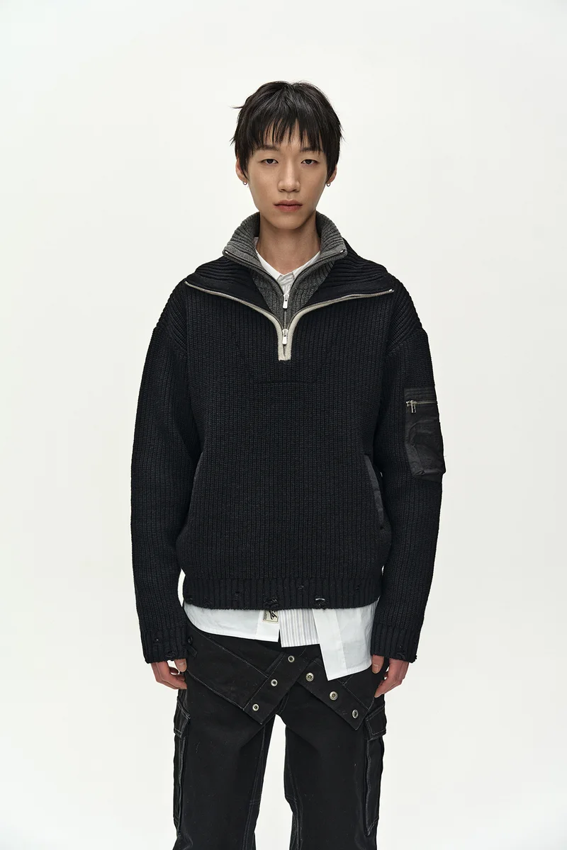 DOUBLE LAYERED QUARTER ZIP-UP SWEATER 3
