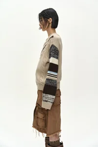 STUDDED CABLE V-NECK MULTI-STRIPE PULLOVER thumb 4