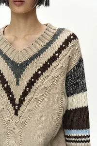 STUDDED CABLE V-NECK MULTI-STRIPE PULLOVER thumb 5