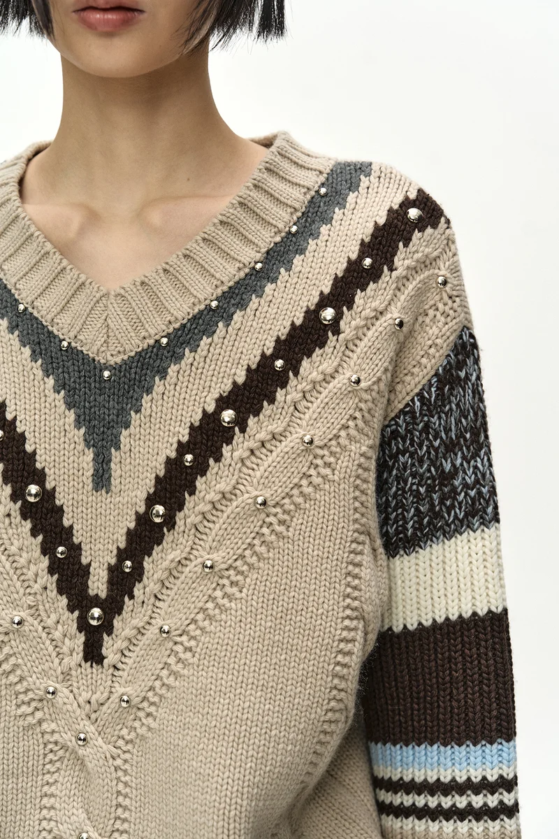 STUDDED CABLE V-NECK MULTI-STRIPE PULLOVER 5