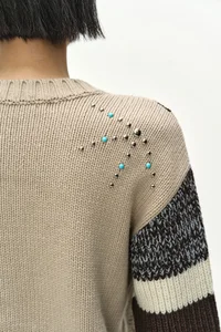 STUDDED CABLE V-NECK MULTI-STRIPE PULLOVER thumb 6