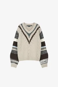 STUDDED CABLE V-NECK MULTI-STRIPE PULLOVER thumb 7