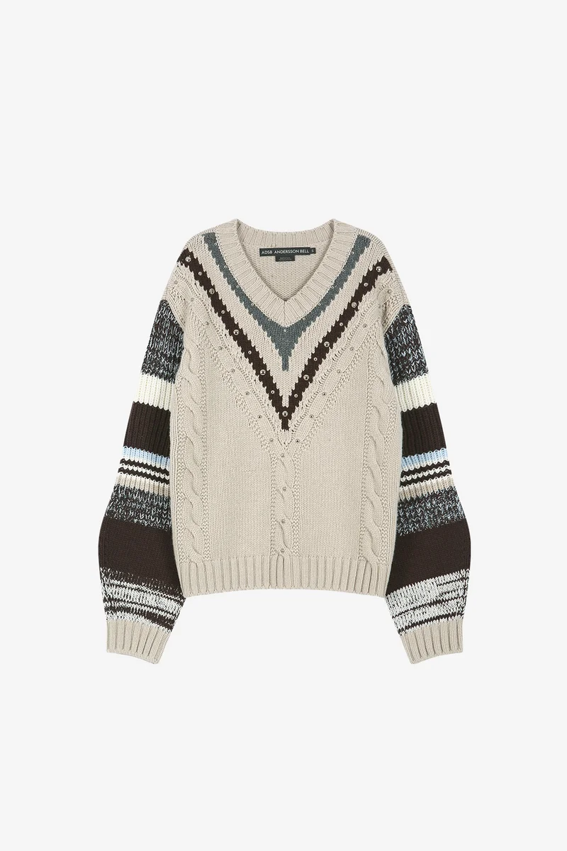 STUDDED CABLE V-NECK MULTI-STRIPE PULLOVER 7