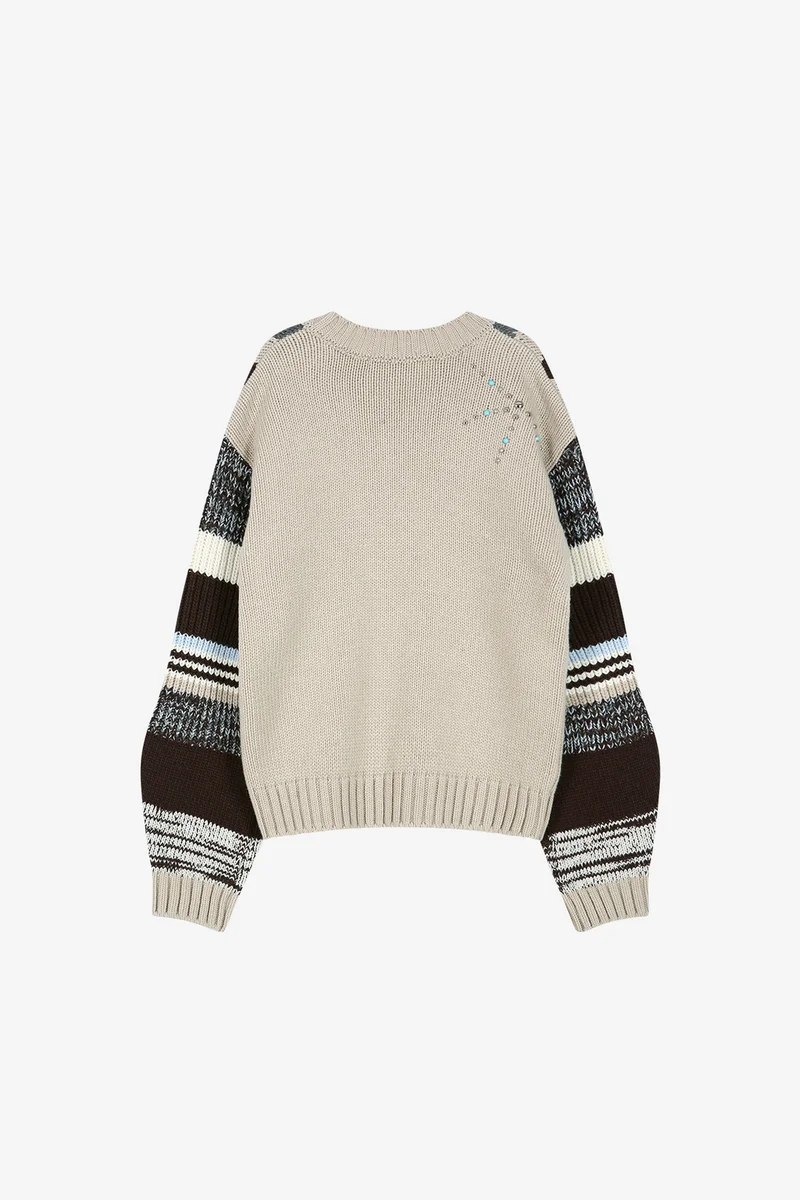 STUDDED CABLE V-NECK MULTI-STRIPE PULLOVER 8
