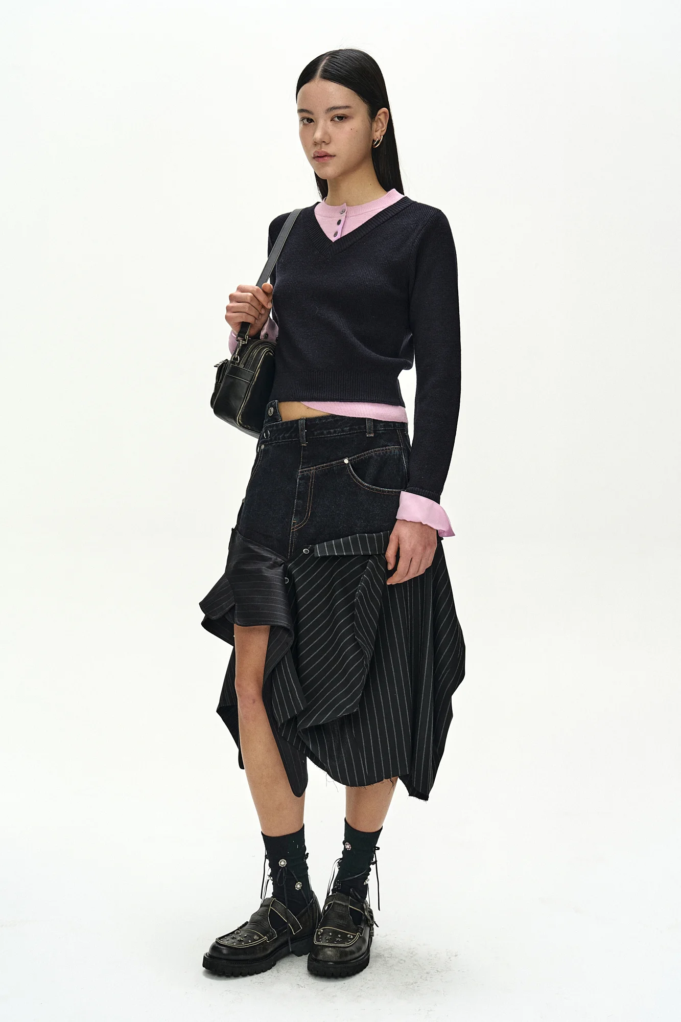 ANDERSSON BELL LAYERED SHIRT CUFF KNIT TOP NAVY/PINK