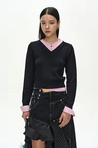 LAYERED SHIRT CUFF KNIT TOP thumb 4